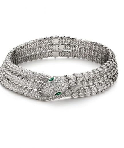 replica Bulgari Serpenti necklace in white gold set with two pear brilliant cut emeralds and diamond pavé necklace