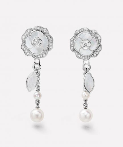 Chanel Bouton de Camélia Transformable Earrings 18k White Gold, Diamonds, Cultured Pearls, White Mother-of-pearl J10826