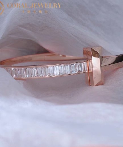Tiffany T T1 Wide Hinged Bangle in 18k Rose Gold with Baguette Diamonds